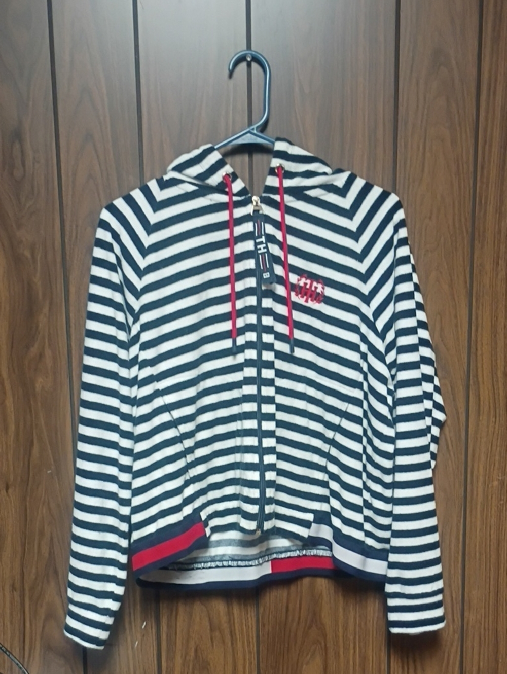 Tommy Hilfiger Navy and White Striped Hoodie with Red Drawcords